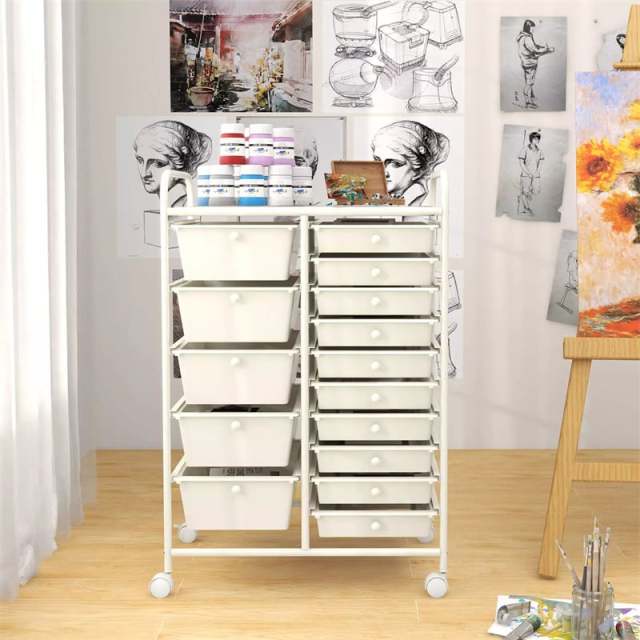 15-Drawer Rolling Storage Cart, Art & Craft Organizer with Wheels & Removable Drawers for Tools, Scrapbook Paper, Home Office School