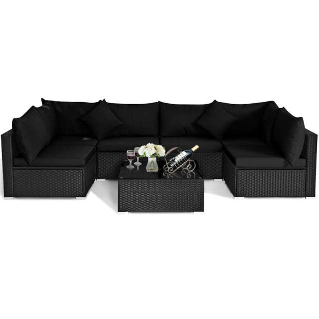 7-Piece PE Rattan Outdoor Sectional Sofa with Tempered Glass Top Table & Cushions, Wicker Patio Furniture Set for Garden Poolside Balcony