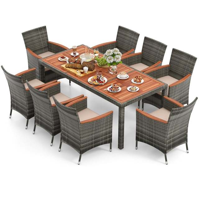 9 Piece Patio Rattan Dining Set with 8 Cushioned Armchairs, Acacia Wood Top Table & Umbrella Hole, Outdoor Dining Furniture for Poolside, Backyard