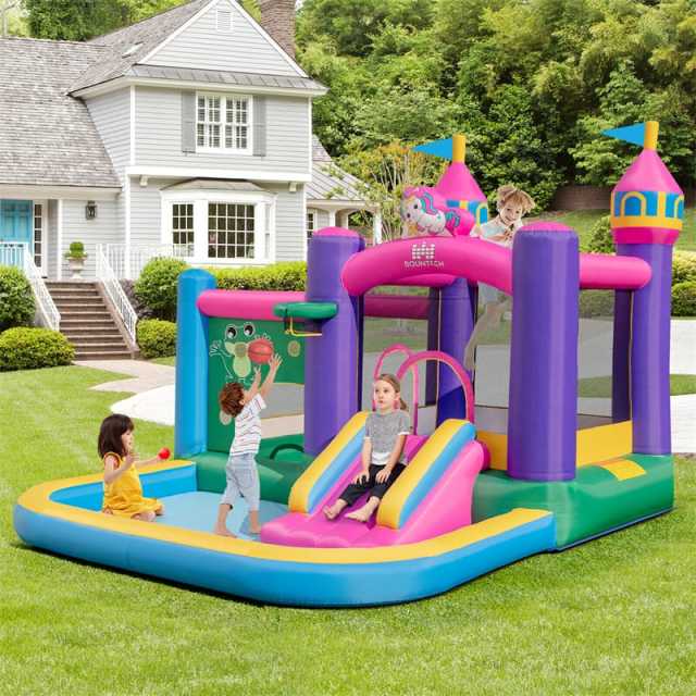 Inflatable Bounce House, 6-in-1 Unicorn Jumping Bouncy Castle with Slide, 735W Blower, 2 Ball Pits & Basketball Rim for Kids 3-10 Indoor Outdoor Party