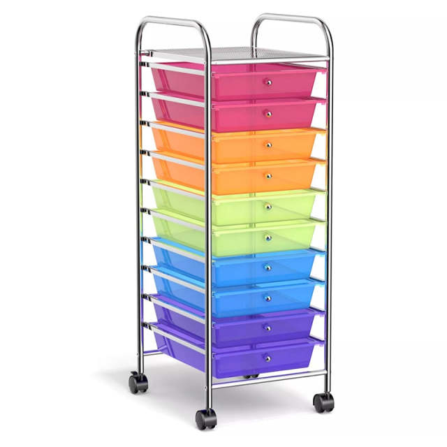10-Drawer Rolling Storage Cart, Utility Cart with Drawers & Lockable Wheels, Mobile Art Craft Drawer Cart for Home Office, School