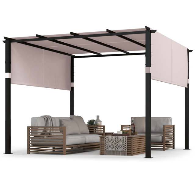 10' x 10' Flat Top Pergola with 2PCS Retractable Sun Shade Canopy, Metal Outdoor Pergola Extra Large Patio Shelter Pavilion for Garden Backyard
