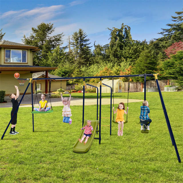 660lbs 7-in-1 Metal A-Frame Swing Set with 2 Swings, Glider, Slide, Gym Rings & Basketball Hoop, Heavy Duty Outdoor Playset for Kids, Backyard Garden