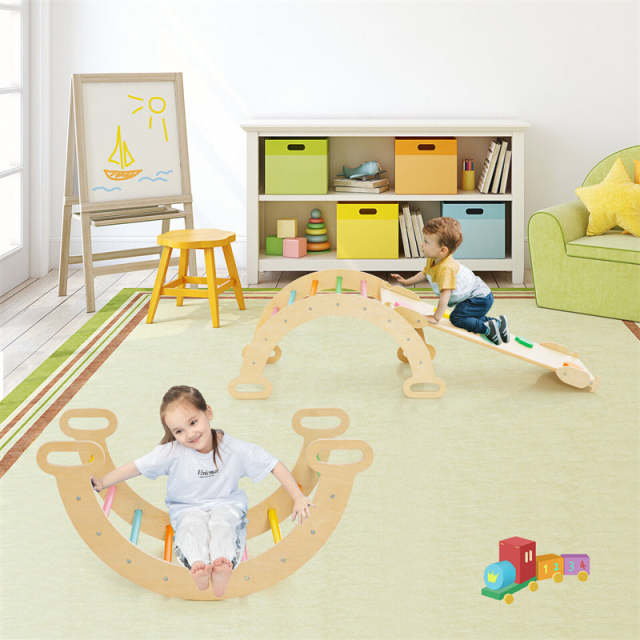 5-in-1 Toddler Climbing Toys, Montessori Wooden Climber Pikler Triangle with Sliding Ramp & Arch Ladder, Kids Play Gym Set for Indoor Fun