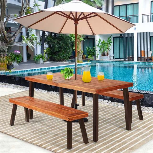 3 Piece Acacia Wood Dining Table Set, Outdoor Picnic Table with 2 Benches, Umbrella Hole & Steel Legs for Patio, Garden Backyard & Indoor Use