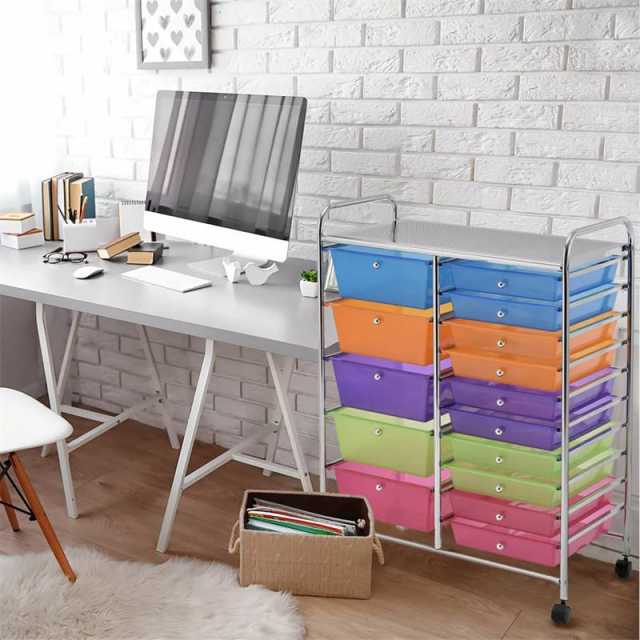 15-Drawer Rolling Storage Cart, Art & Craft Organizer with Wheels & Removable Drawers for Tools, Scrapbook Paper, Home Office School