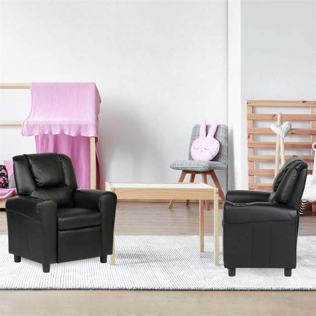 Kids Recliner Chair with Cup Holder, Armrests & Retractable Footrest, Children PU Leather Sofa Armchair, Ergonomic Toddler Room Furniture