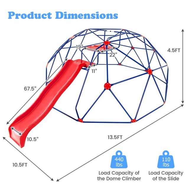 13.3FT Climbing Dome with Extended Wavy Slide, Kids Outdoor Jungle Gym Monkey Bar Geometric Dome Climber Climbing Toys for Toddlers