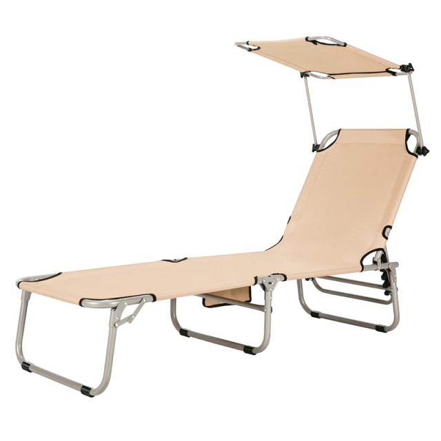 Folding Beach Lounge Chair, Outdoor Sun Lounger with Canopy, Adjustable Backrest & Side Pocket, Portable Tanning Chair with for Patio, Poolside