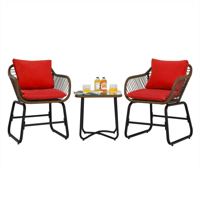 3 Piece Patio Rattan Bistro Set with Cushioned Armchairs & Tempered Glass Top Table, Wicker Outdoor Furniture Set for Garden Deck Poolside