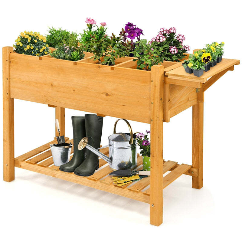 Wood Raised Garden Bed 8 Grids Elevated Planter Box with Folding Side Work Table & Large Storage Shelf for Outdoor Patio Garden Backyard h1