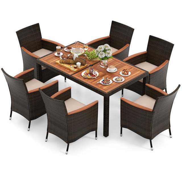 7 Piece Outdoor PE Rattan Dining Set with Umbrella Hole, Acacia Wood Table & Stackable Cushioned Chairs, Patio Dining Furniture for Garden, Backyard
