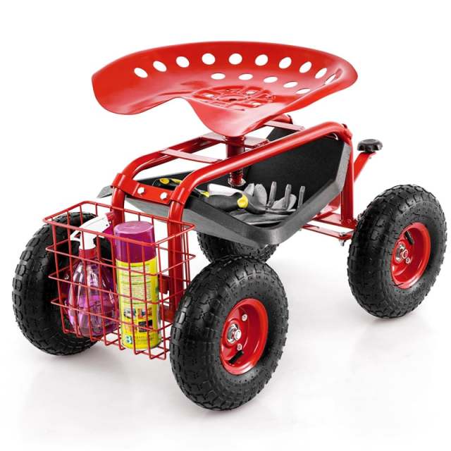 Rolling Garden Cart with 360° Swivel Seat, Tool Tray & Basket, Height Adjustable Gardening Workseat on Wheels, Patio Wagon Scooter for Planting