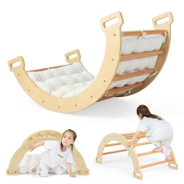 Wooden Arch Rocker with Soft Cushion, 3-in-1 Montessori Climbing Arch for Toddlers & Kids, Pikler Climber Ladder Toy for Indoor/Outdoor Play
