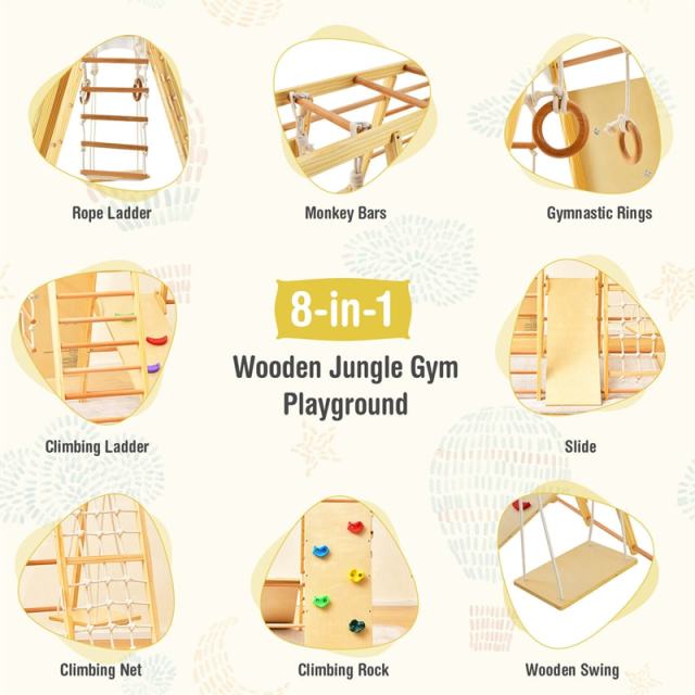 Indoor Jungle Gym for Kids, 8-in-1 Toddler Wooden Montessori Indoor Playground Climber Playset with Slide, Monkey Bars, Climbing Rock & Net
