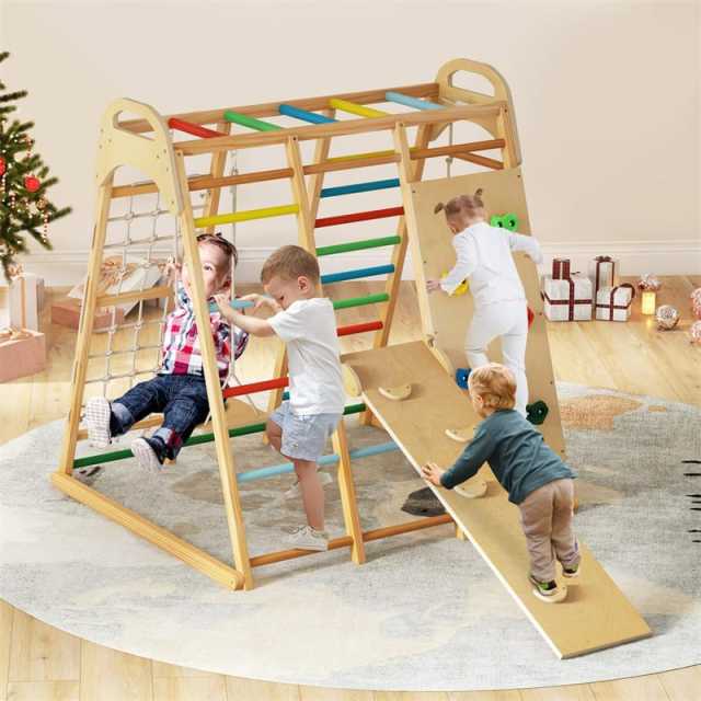 8-in-1 Kids Indoor Jungle Gym, Wooden Montessori Playground Climbing Playset with Slide, Swing, Monkey Bars, Rope Ladder for Boys & Girls