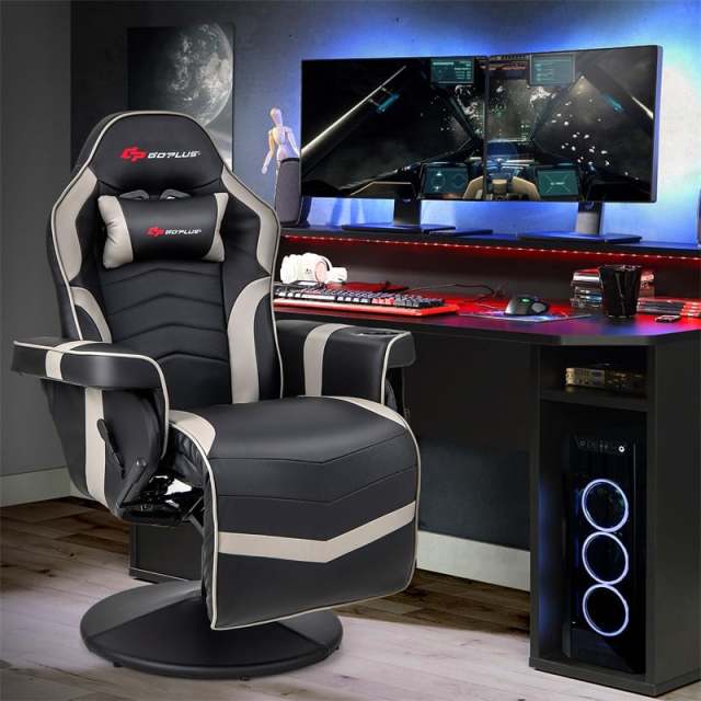 Gaming Recliner Adjustable Height Massage Gaming Chair with Retractable Footrest & Cup Holder, Ergonomic Swivel Video Game Chair Recliner Sofa