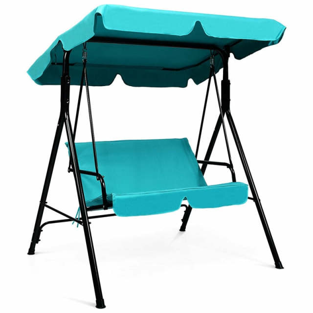 2 Person Patio Swing with Adjustable Canopy & Removable Cushions, Weather Resistant Outdoor Porch Swing for Backyard, Garden, Balcony