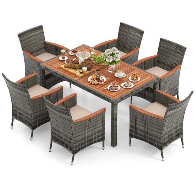 7 Piece Rattan Patio Dining Set with Umbrella Hole Acacia Wood Table, 6 Cushioned Armchairs, Outdoor Wicker Dining Table Set with Cushions for 6