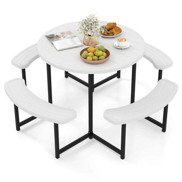 8 Person Round Outdoor Picnic Table Bench Set with Umbrella Hole, HDPE Tabletop, Metal Frame & 2000lbs Capacity for Patio, Garden, Lawn