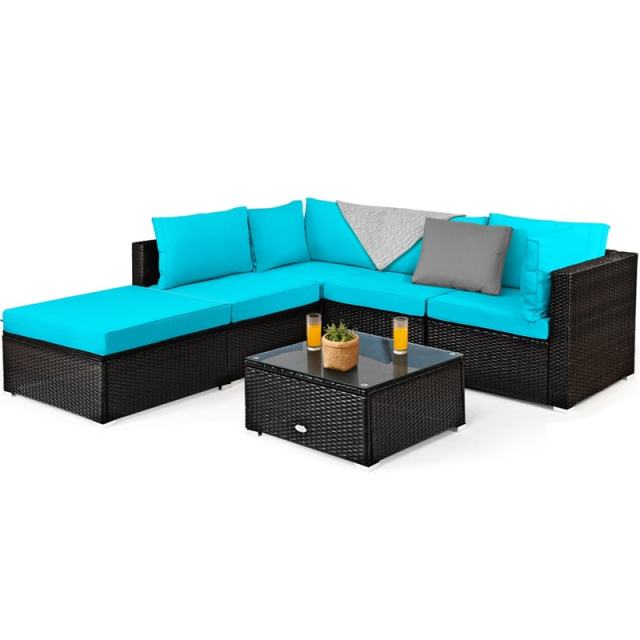 6 Piece Outdoor Rattan Sectional Sofa Set, Wicker Patio Conversation Furniture with 4 Cushioned Chairs, Ottoman & Coffee Table for Backyard