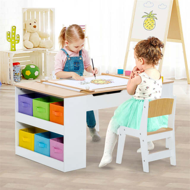 3-in-1 Kids Table & Chair Set, Wood Art Table & Easel with 2 Chairs, 6 Storage Bins, Paper Roller & Paint Cups, Toddler Crafts Table Chair Set