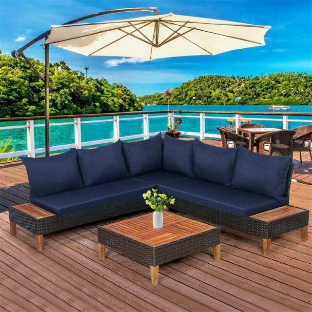 4 Piece Acacia Wood Patio Furniture Set, Outdoor Rattan Sectional Sofa with Cushions, Loveseat, Side Table, Coffee Table for Backyard Garden
