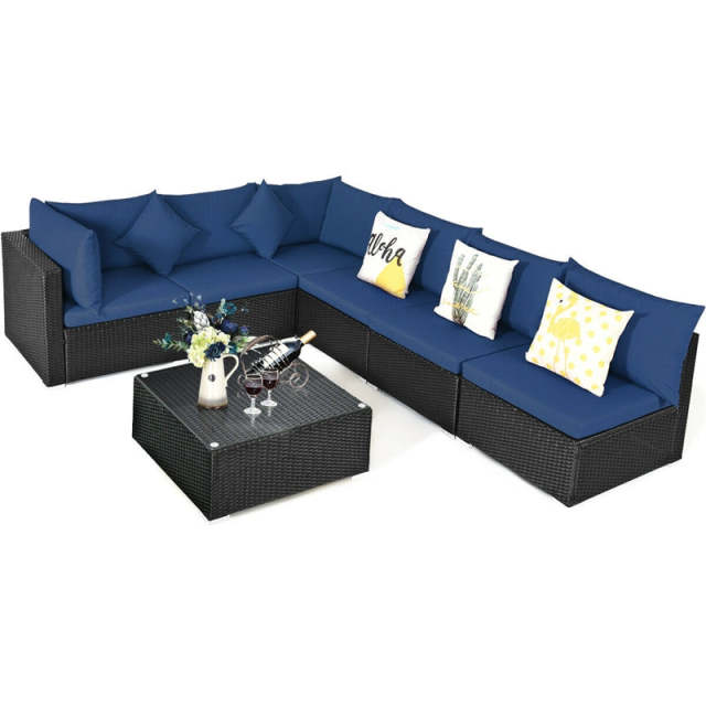 7-Piece PE Rattan Outdoor Sectional Sofa with Tempered Glass Top Table & Cushions, Wicker Patio Furniture Set for Garden Poolside Balcony