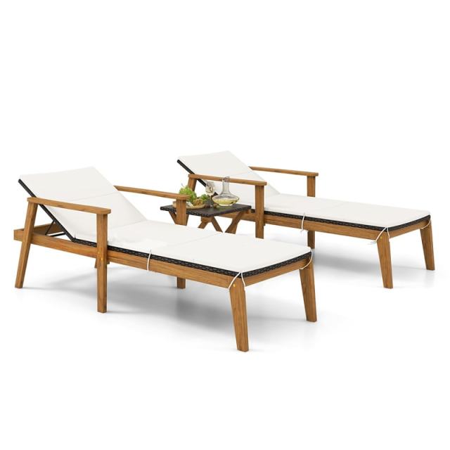 3PCS Outdoor Chaise Lounge Set with Rattan Folding Table, Acacia Wood Frame Patio Lounge Chairs w/ Adjustable Backrests, Armrests, Cushions