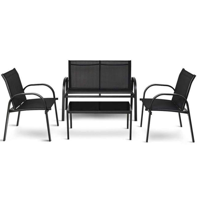 4 Pcs Patio Furniture Set Loveseat Sofa Table Steel Frame Garden Deck Conversation Set with Glass Top Coffee Table