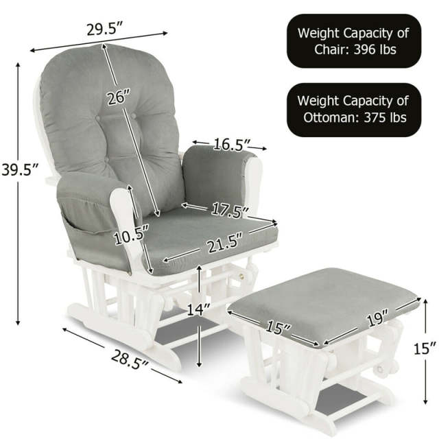 Wood Nursery Glider Chair & Ottoman Set, Upholstered Glider Rocker with Padded Cushion, Storage Pocket, Modern Rocking Chair for Nursery