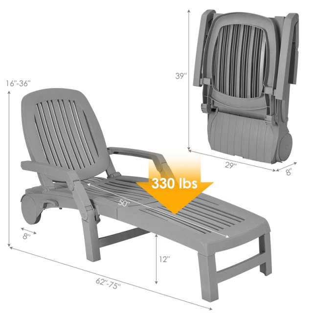he Folding Outdoor Chaise Lounge, Weatherproof Plastic Lounge Chair with 6-Position Adjustable Backrest & Wheels for Poolside, Patio, Beach