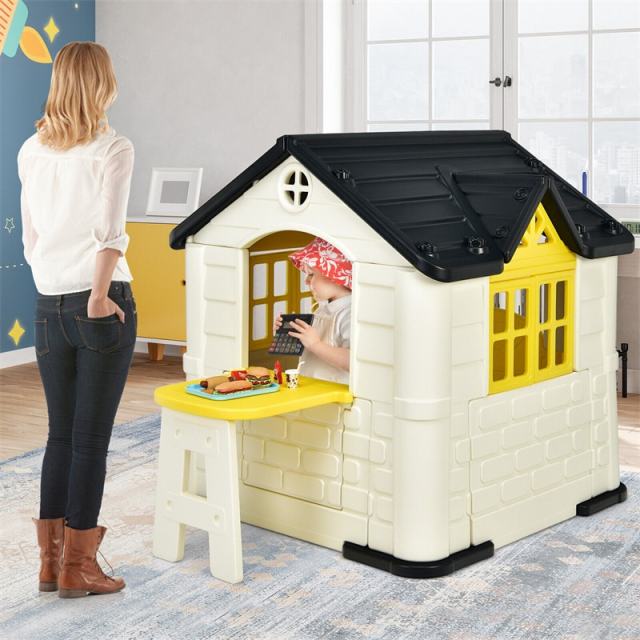 Kids Playhouse, Cottage Pretend Play House with 7PCS Toy Set, Picnic Table & Waterproof Cover for Indoor Outdoor, Boys & Girls Gifts