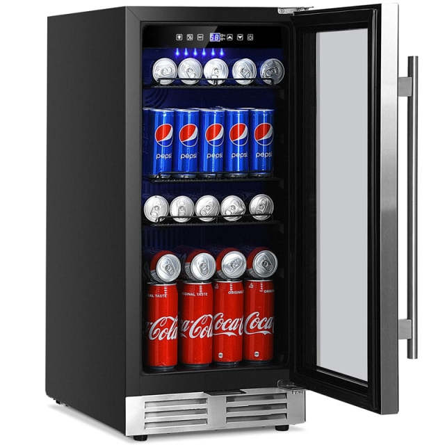 15" Beverage Refrigerator, 100 Can Built-in/Freestanding Drink Fridge with Glass Door & Adjustable Shelves for Soda Beer Wine, Home Office