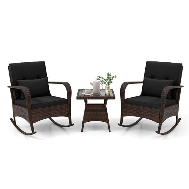 3-Piece PE Rattan Rocking Bistro Set with Removable Cushions & Tempered Glass Table, Outdoor Patio Furniture Set for Porch, Poolside, Backyard