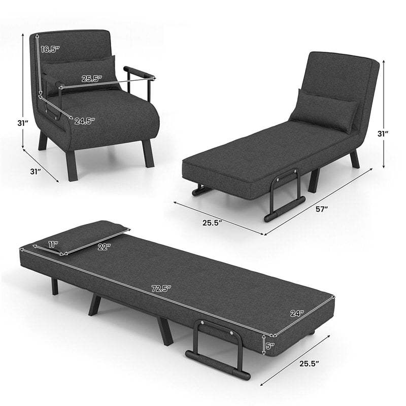 Convertible Sleeper Chair, 4-in-1 Folding Sofa Bed 6-Position Adjustable Backrest w/ Pillow, Reclining Chaise Sleeper Sofa for Living Room