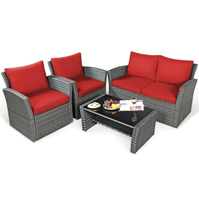 4PCS Patio Rattan Furniture Set Outdoor Conversation Set Wicker Sectional Loveseat Sofa with Cushions, Tempered Glass Table, Storage Shelf