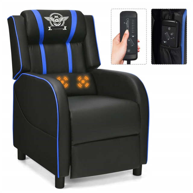 Gaming Recliner PU Leather Massage Gaming Chair with Adjustable Footrest, Side Pocket & Remote, Racing Style Single Theater Seat Game Sofa