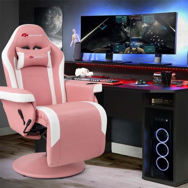 Gaming Recliner Adjustable Height Massage Gaming Chair with Retractable Footrest & Cup Holder, Ergonomic Swivel Video Game Chair Recliner Sofa