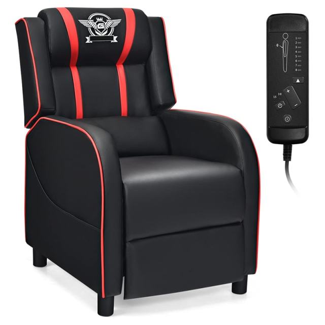 Gaming Recliner PU Leather Massage Gaming Chair with Adjustable Footrest, Side Pocket & Remote, Racing Style Single Theater Seat Game Sofa