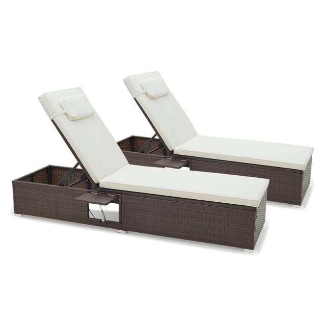 Patio Chaise Lounge Set of 2, Outdoor Rattan Lounge Chairs with 6-Level Adjustable Backrest, Cushions & Headrests, Metal Frame for Backyard