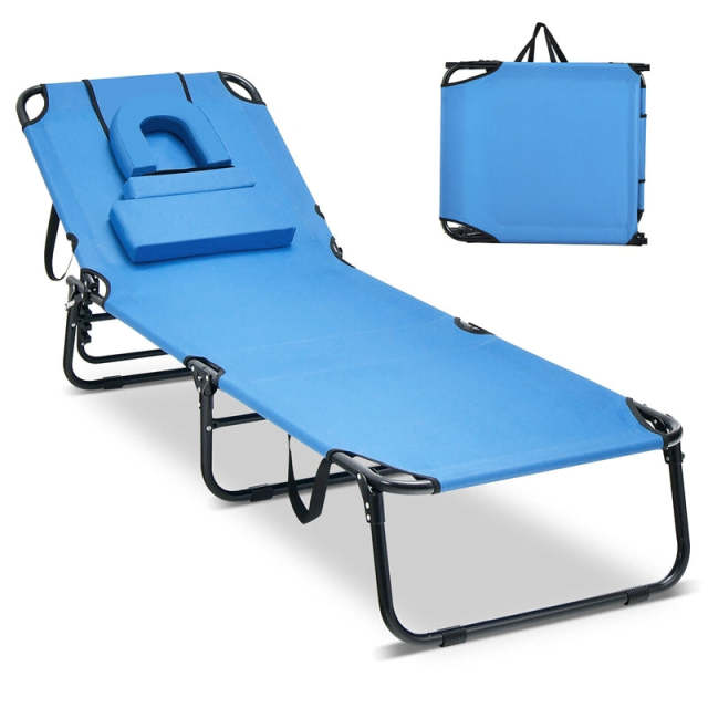 Folding Beach Chaise Lounge Chair, 5-Position Adjustable Sunbathing Recliner with Face Hole, Removable Pillows, Carry Strap, 350LB Support