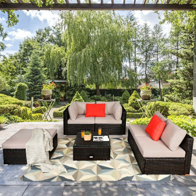 6 Piece Outdoor Rattan Sectional Sofa Set, Wicker Patio Conversation Furniture with 4 Cushioned Chairs, Ottoman & Coffee Table for Backyard