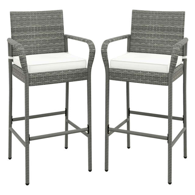 Patio Wicker Bar Stools Set of 2 Heavy Duty Frame Outdoor PE Rattan Bar Chairs 29.5" High Back Barstools with Armrests & Soft Cushions
