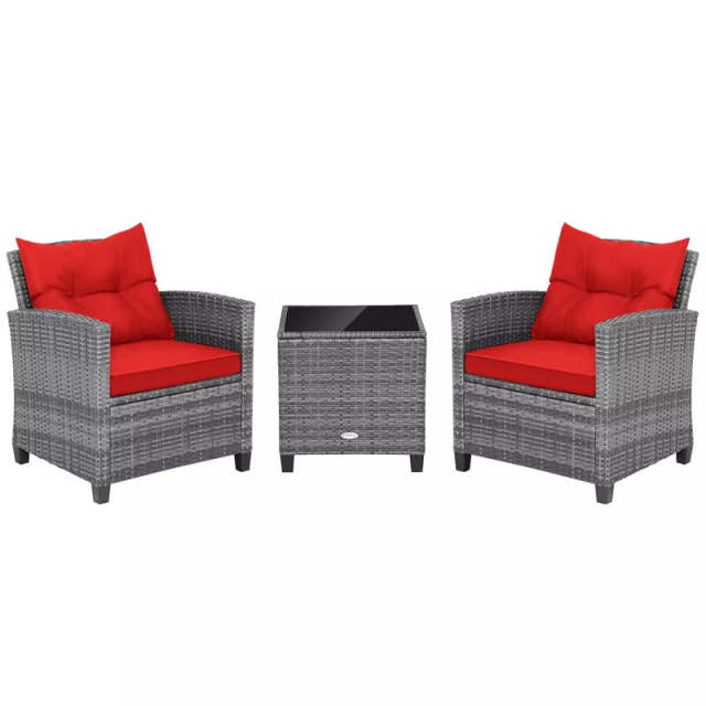 3PCS Patio Rattan Furniture Set Outdoor Conversation Set Wicker Bistro Set with Cushioned Chairs & Tempered Glass Side Table