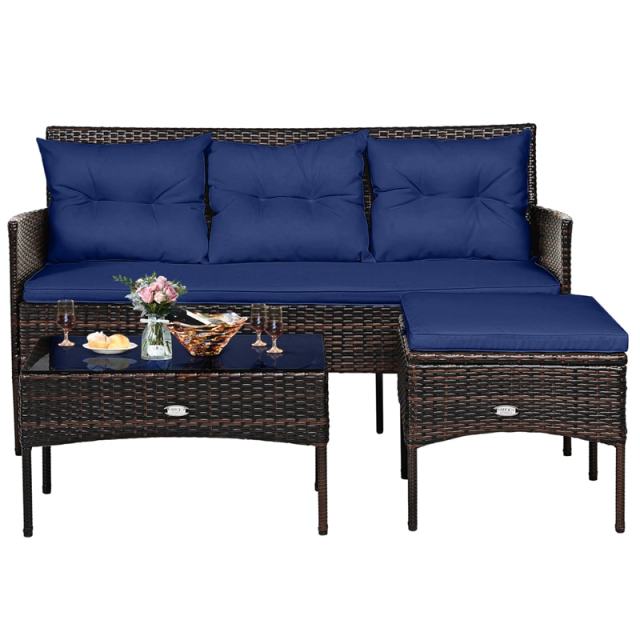 3PCS Patio Rattan Furniture Set Wicker Conversation Set Outdoor 3-Seat Sofa Seating Group with Tempered Glass Table, Seat & Back Cushions