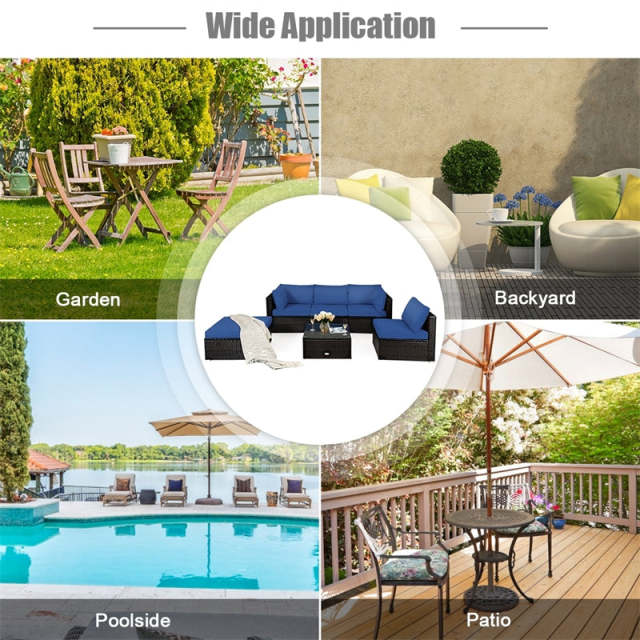 6 Piece Outdoor Rattan Sectional Sofa Set, Wicker Patio Conversation Furniture with 4 Cushioned Chairs, Ottoman & Coffee Table for Backyard