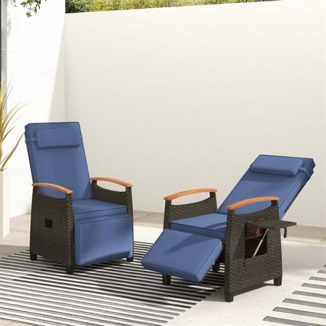 Outdoor Wicker Recliner Chair with Adjustable Backrest, Footrest, Flip Side Table & Cushion, Patio Rattan Chaise Lounge for Backyard Porch