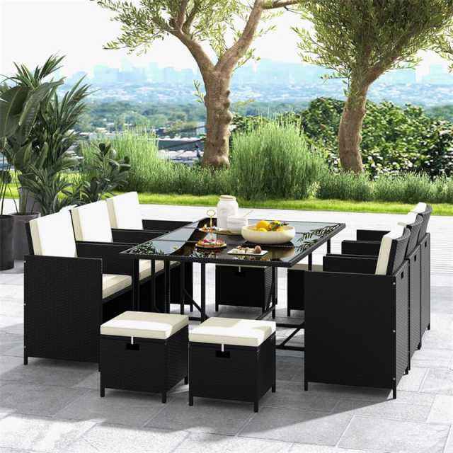 11 Piece Patio Dining Set Space Saving Wicker Chairs Tempered Glass Table Set Outdoor Conversation Furniture with Ottomans, Seat & Back Cushions