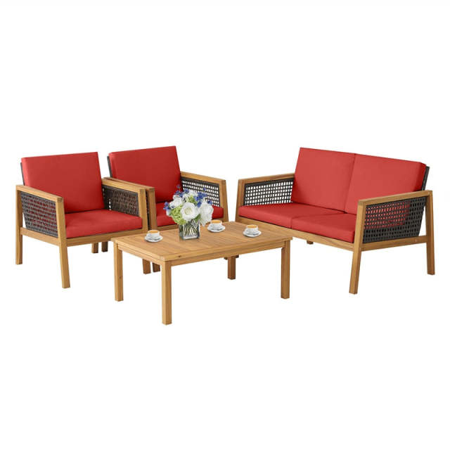 4-Piece Acacia Wood Outdoor Furniture Set, Rattan Patio Sofa with Cushions & Coffee Table, PE Wicker Conversation Set for Garden & Backyard
